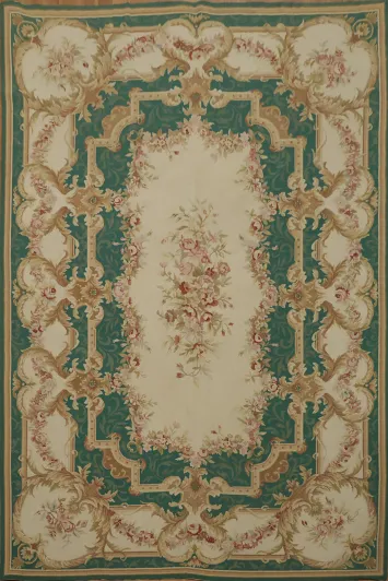 Classic French Style Green Tapestry Aubusson Rug with Floral Medallions 6x9
