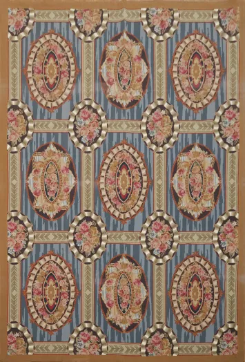 Vintage Charm: Exquisite Striped and Floral Medallion Aubusson-Tapestry Rug 6x9