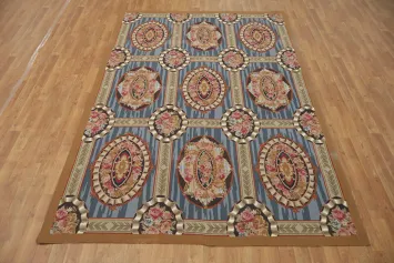 Vintage Charm: Exquisite Striped and Floral Medallion Aubusson-Tapestry Rug 6x9