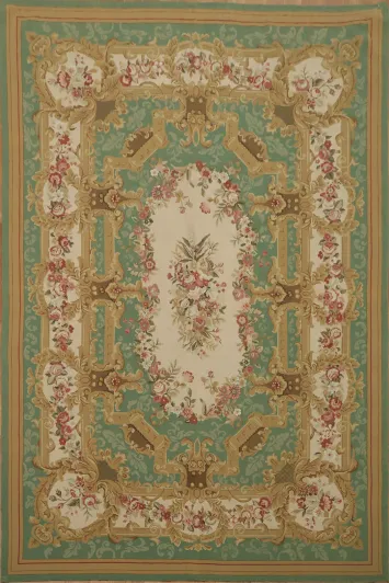 Sophisticated Green Beige Aubusson Tapestry Floral Rug 6x9