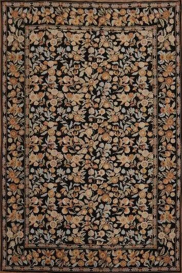 Black Aubusson Tapestry Rug with Delicate Floral Design and Pastel Accents 6x9