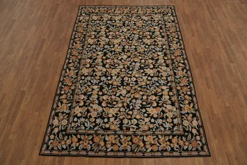 Black Aubusson Tapestry Rug with Delicate Floral Design and Pastel Accents 6x9