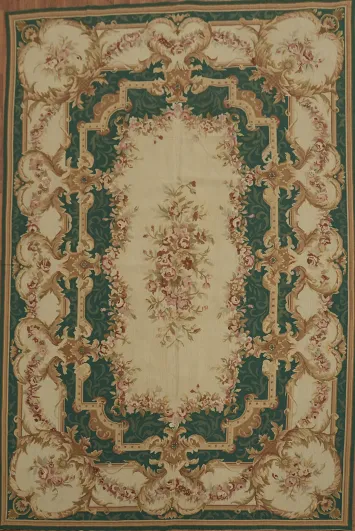 Green and Beige French Style Tapestry Aubusson Rug with Floral Medallions 6x9