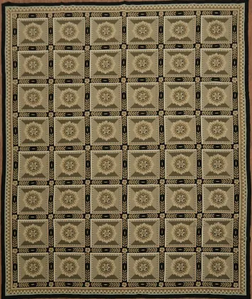 Elegant Geometric Beige and Black Woven Aubusson-Tapestry Rug 12x15