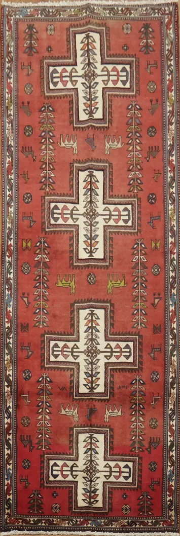 Geometric Tribal Red Shiraz Runner Rug Featu 3x10