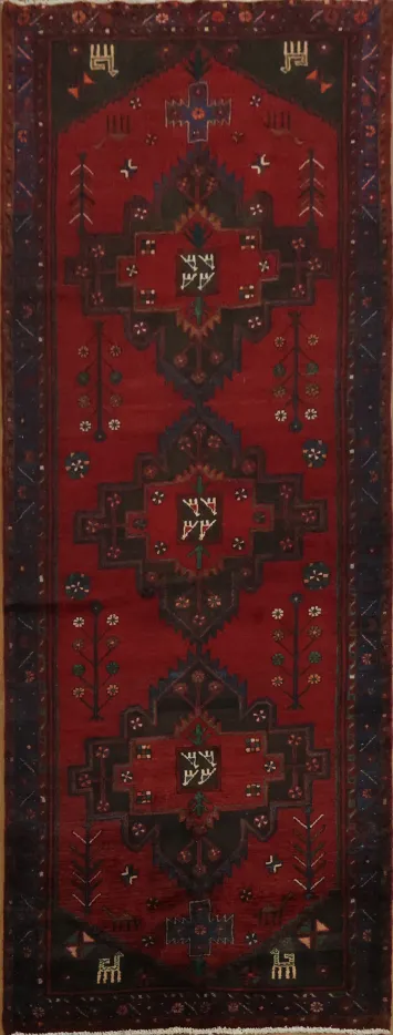 Vintage Geometric Hamedan Runner Rug  4x10