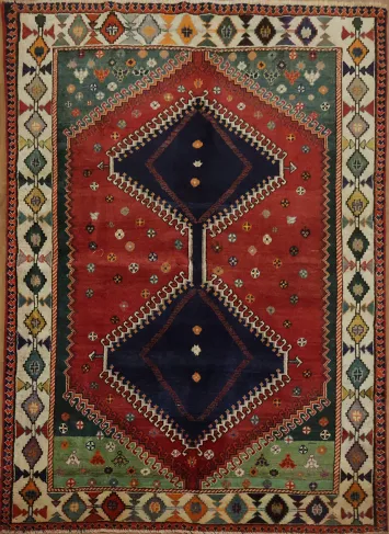 Vintage Geometric Tribal Vegetable Dye Shiraz Persian Rug 5x6