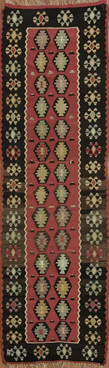 Vintage Geometric Oriental Kilim Runner Rug 3x9