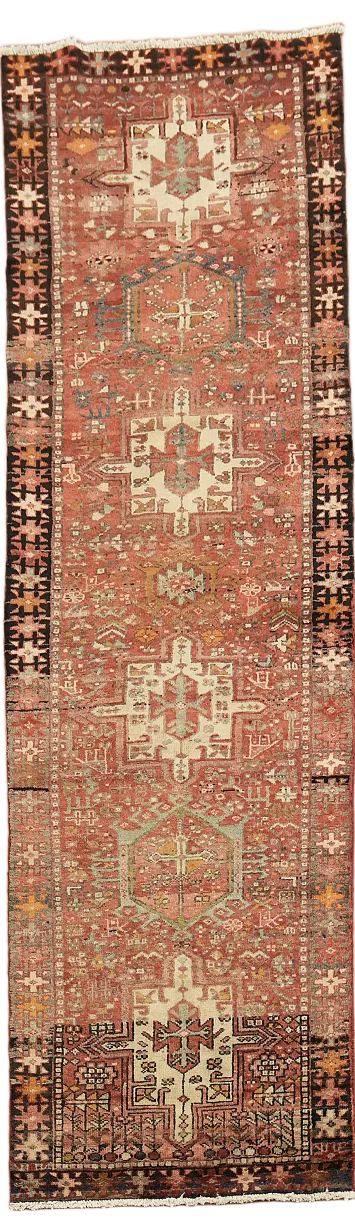Vintage Red Gharajeh Persian Runner Rug with Geometric Motifs 3x10