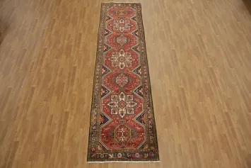 Authentic Wool Heriz Runner with Intricate Patterns and Warm Hues 4x13