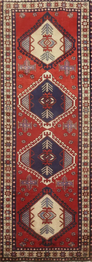 Elegant Red Geometric Ardebil Runner Rug 3x9