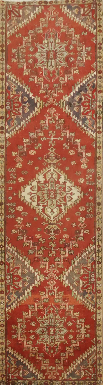 Vintage Red Heriz Persian Runner Rug 3x10
