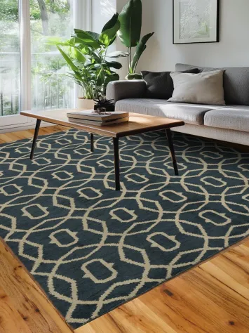 Sleek Geometric Moroccan Trellis Blue and Cream Area Rug 8x10