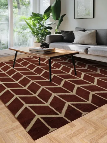 Modern Zigzag Patterned Rug in Rich Red and Beige 8x10
