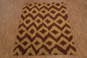 Geometric Gold Beige and Red Diamond Patterned Area Rug 9x12