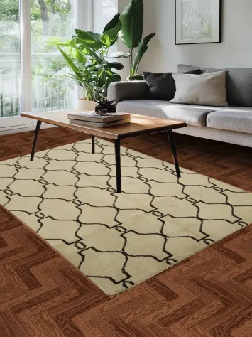 Stylish Beige Rug Featuring Intricate  Dark Brown Geometry 5x8