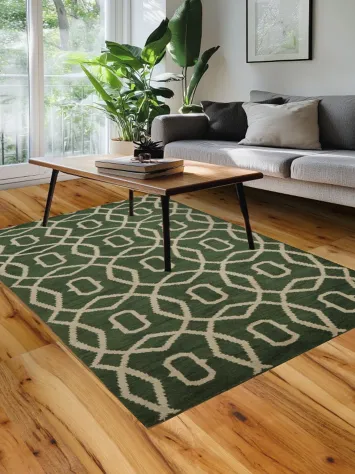 Modern Green and Ivory Rug with Sophisticated Geometric Layout 5x8