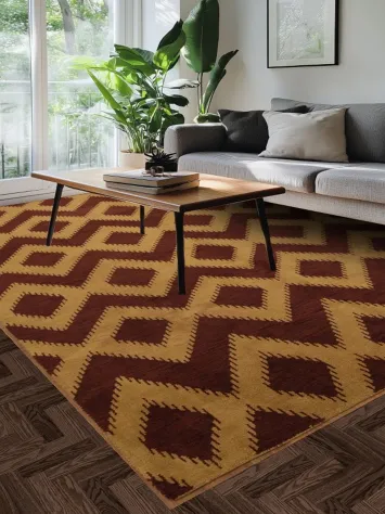 Warm Brown and Gold Tones: Perfect Geometric Diamond-Pattern Rug 9x12