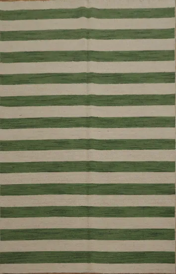 Reversible Chic Green Stripes Over Cream Background Area Rug 5x8