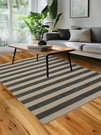 Modern Minimalist Navy and Beige Striped Area Rug 6x8