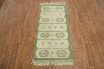 Pastel Green and Cream Geometric Pattern Kilim Dhurrie Rug 3x6