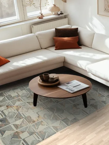 Geometric Abstract Rug with Neutral Tones and Artistic Flair 5x8