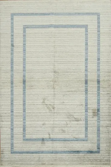 Simple White Rug Accented with Subtle Blue Lines 5x8