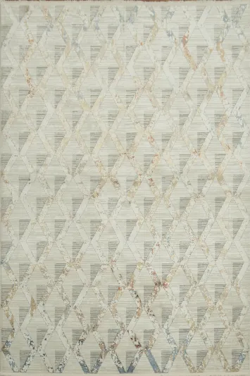 Versatile Beige and Blue Geometric Patterned Floor Rug 5x8