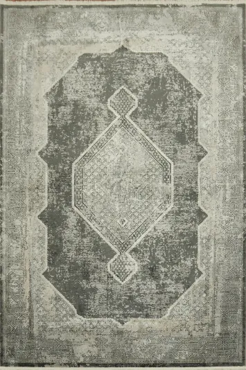 Vintage-inspired Distressed Rug with intricate geometric patterns in gray tones 5x8