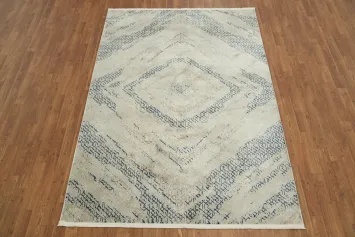 Contemporary Beige and Blue Diamond Pattern Rug Design 5x8