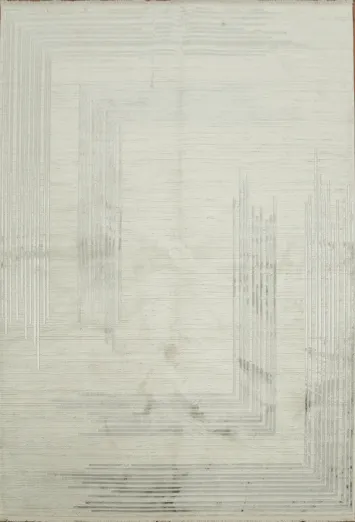 Minimalist Ivory and Gray Contemporary Rug with Geometric Pattern Details 5x8