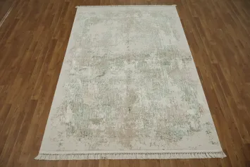 Minimalist Green and Beige Rug with Faded Vintage Charm 5x8