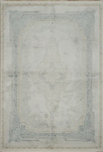 Elegant Blue and White Rug with Intricate Border Design 5x8