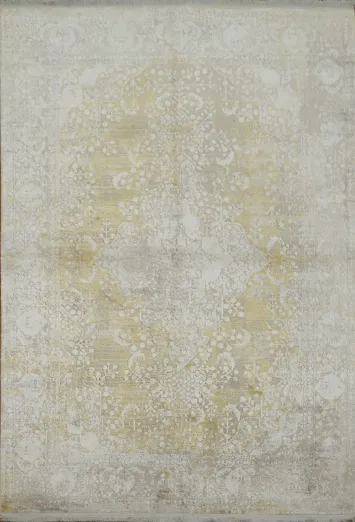 Ivory and Gold Area Rug with a Distressed Vintage Look 5x8