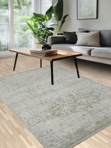 Distressed Look Beige and Gray Area Rug with Classic Motifs 5x8