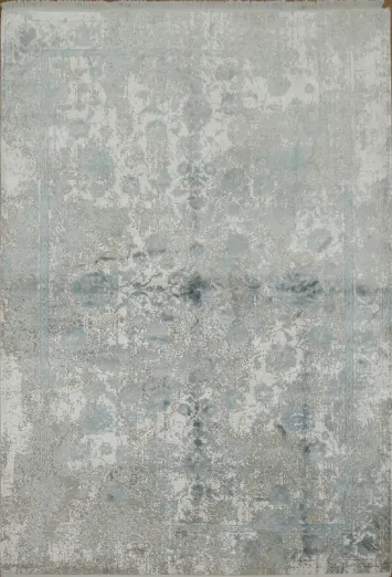 Classic Light Blue and Grey Distressed Rug with Subtle Ornate Design 5x8