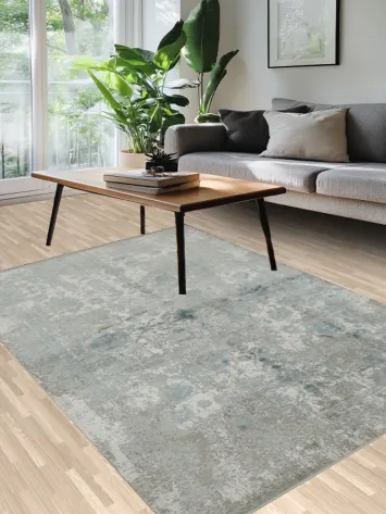 Classic Light Blue and Grey Distressed Rug with Subtle Ornate Design 5x8