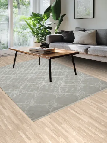 Stylish grey and white rug with symmetrical design 5x8