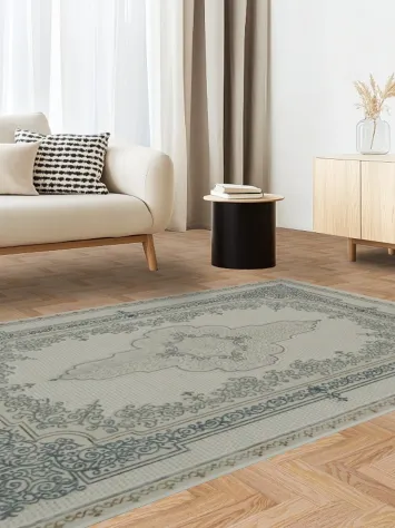 Classic Beige Rug with Ornate Blue Detailing for Elegant Homes 5x8