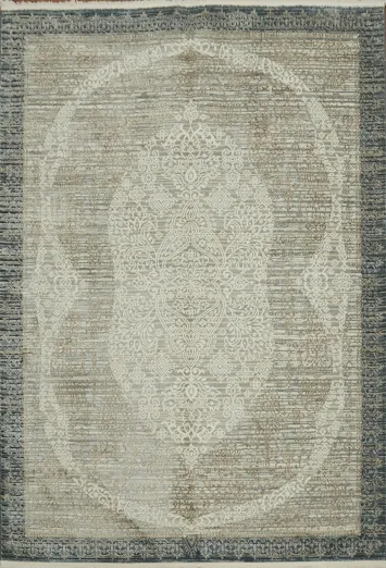 Vintage Inspired Distressed Traditional Grey Rug with Blue Border 5x8