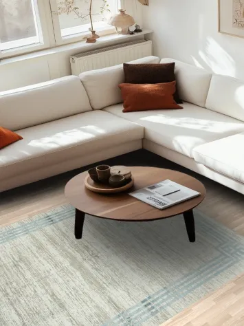 Minimalist Designer Rug Featuring Blue Geometric Accent Border 5x8