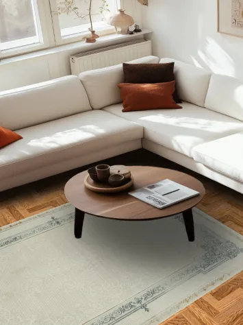 Elegant Ivory Area Rug with Intricate Patterned Borders 5x8