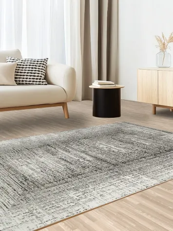 Modern Gray Rectangular Rug with Geometric Border Blend 5x8