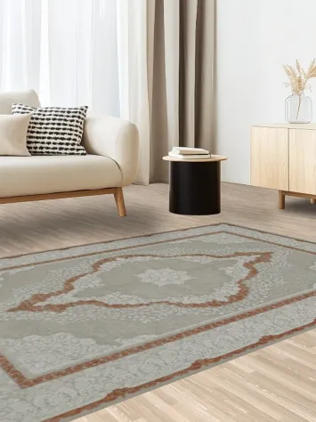 Sophisticated Ornate Grey and Rust Patterned Area Rug 5x8