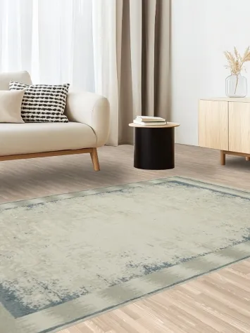 Modern Vintage Rug with Faded Elegance and Blue Accents 5x8