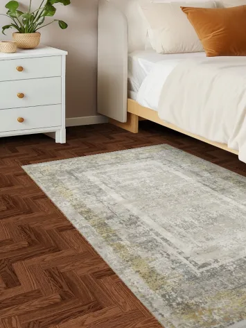 Textured Gray Rug with Subtle Golden Border Design 3x5