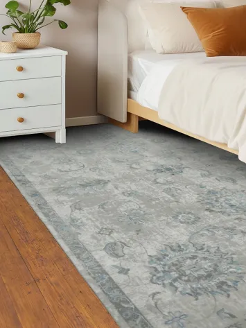 Chic Gray and Blue Area Rug with Timeless Floral Design 5x8