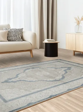 Ornate Blue and Beige Rug Perfect for Elegant Living Spaces 5x8