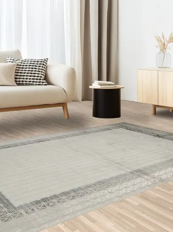 Sophisticated Neutral Toned Area Rug with Patterned Edges 5x8