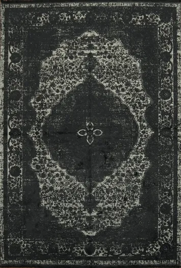 Classic Elegance: Distressed Black Rug with Vintage Patterns 5x8